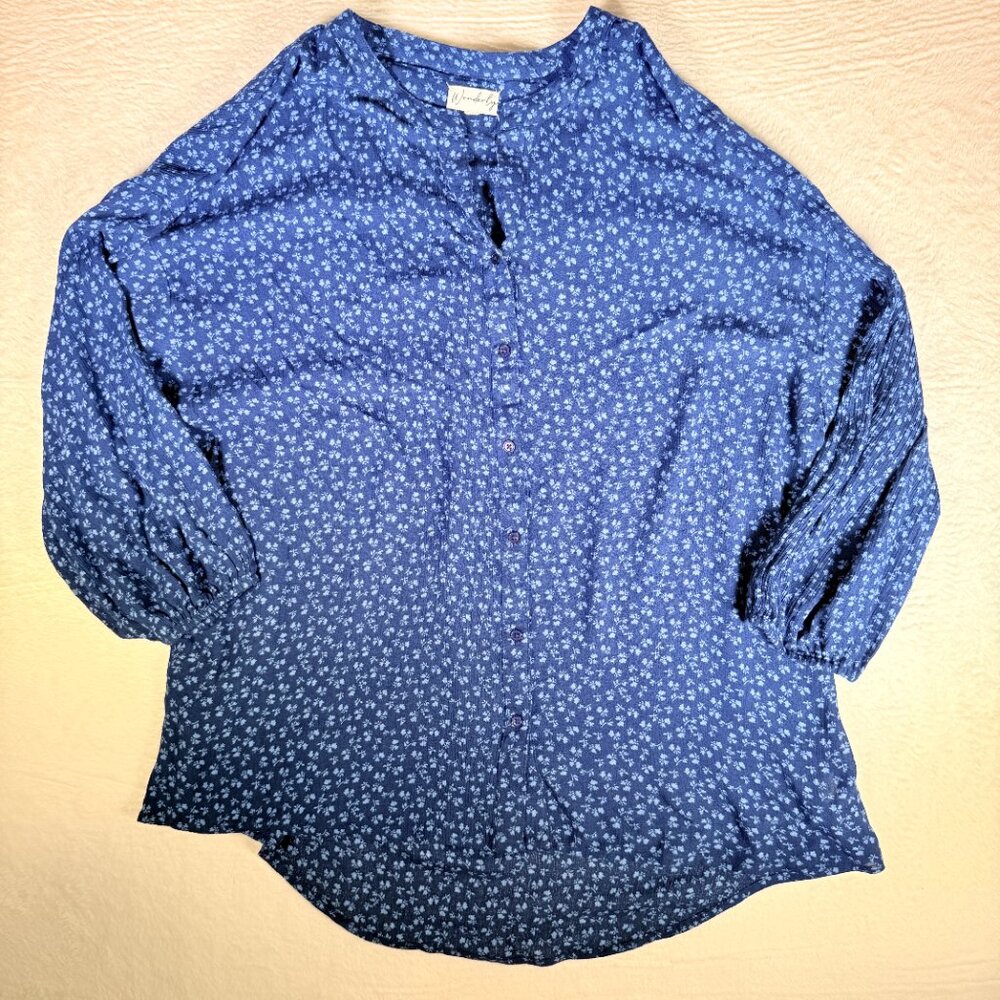 Wonderly Boho Button Up Blouse XL 3/4 Sleeves Lightweight Cottagecore Blue White